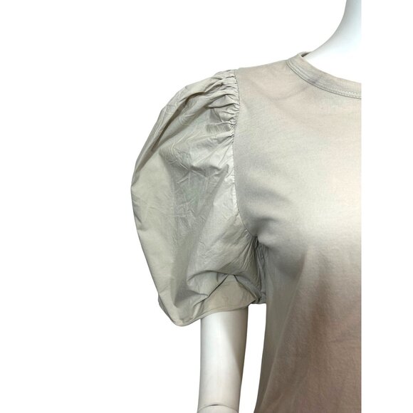 H&M Women Top M Beige Round Neck Short Voluminous Balloon Sleeves Cotton Stretch - Picture 8 of 11